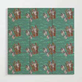 Playful Curious Raccoons Blue Forest Wood Wall Art