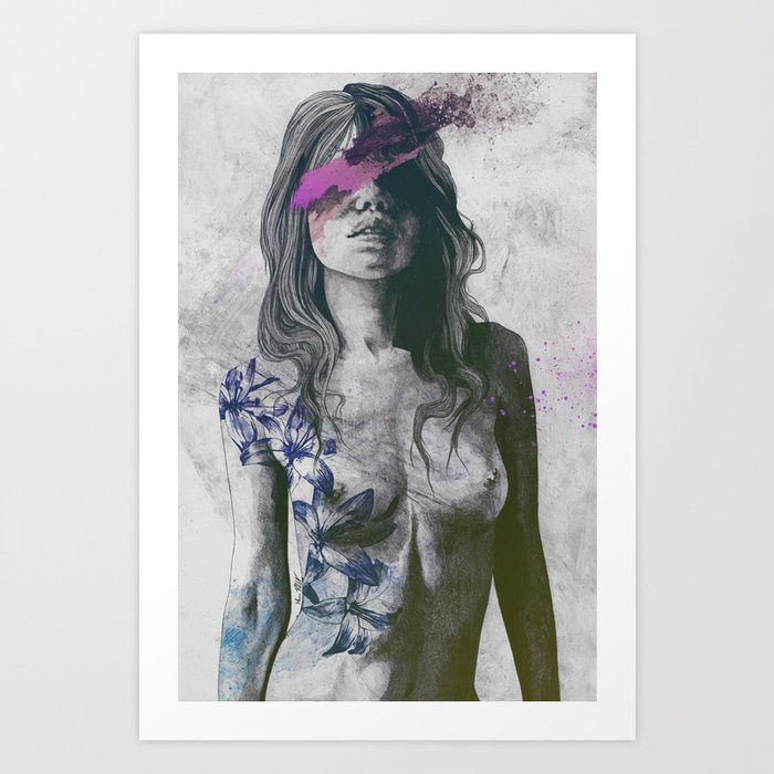 To The Marrow: Purple (faceless nude woman with lilies tattoos) Art Print