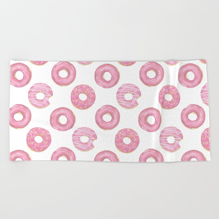 Pink watercolor donut pattern Beach Towel