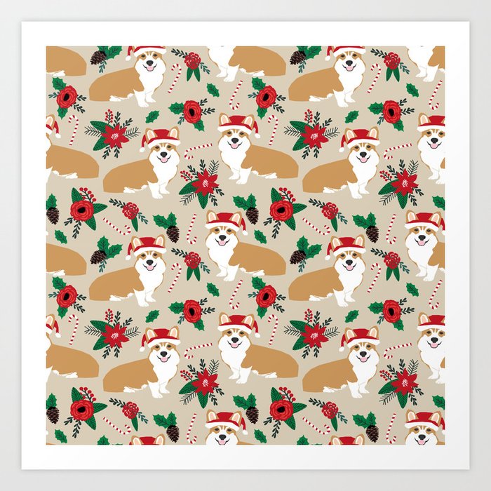 Welsh Corgi poinsettia christmas hat santa little corgi elf pet friendly dog breed gifts Art Print
