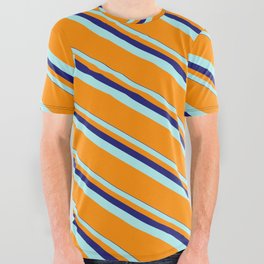 [ Thumbnail: Midnight Blue, Turquoise, and Dark Orange Colored Lines/Stripes Pattern All Over Graphic Tee ]