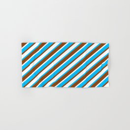[ Thumbnail: Deep Sky Blue, Brown, and White Colored Lines Pattern Hand & Bath Towel ]