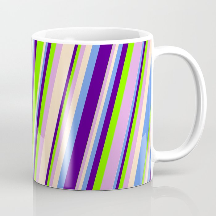 Vibrant Bisque, Cornflower Blue, Indigo, Chartreuse & Plum Colored Lines Pattern Coffee Mug
