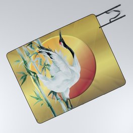 Japanese Art Crane Bamboo Picnic Blanket