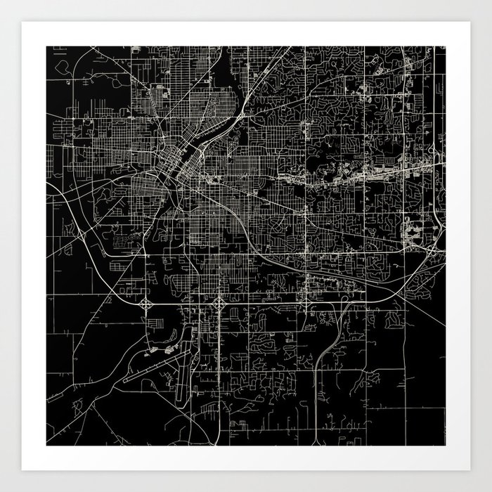 Rockford USA - Black and White City Map - Dark Aesthetic Art Print