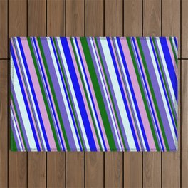 [ Thumbnail: Colorful Plum, Blue, Light Cyan, Slate Blue & Dark Green Colored Striped/Lined Pattern Outdoor Rug ]
