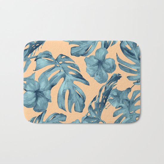 Island Life Hibiscus Palm Apricot Teal Blue Bath Mat