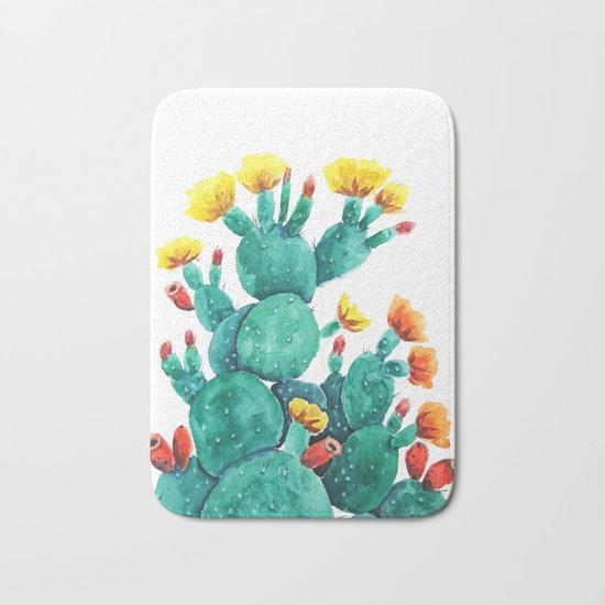 flowering cactus watercolor painting Bath Mat