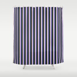 [ Thumbnail: Purple, Dark Slate Gray, Black & Beige Colored Lined/Striped Pattern Shower Curtain ]