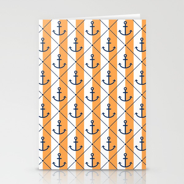 Navy Blue Anchor Pattern on White and Bright Orange Stationery Cards