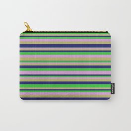 [ Thumbnail: Plum, Dark Khaki, Midnight Blue, and Lime Green Colored Lines/Stripes Pattern Carry-All Pouch ]