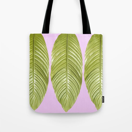 Three large green leaves on a pink background - vivid colors Tote Bag