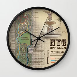 Central Park [Bethesda Fountain] Vintage Inspired running route map Wall Clock