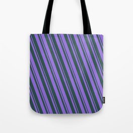 [ Thumbnail: Purple and Dark Slate Gray Colored Lined/Striped Pattern Tote Bag ]