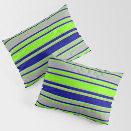 [ Thumbnail: Green, Dark Grey & Dark Blue Colored Lines/Stripes Pattern Pillow Sham ]