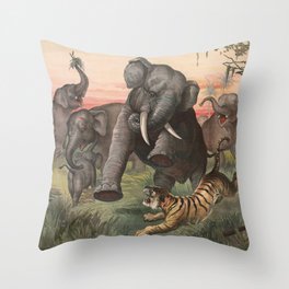 Herd Of Elephants Charging A Tiger - Vintage Lithograph - 1880 Throw Pillow