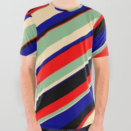 [ Thumbnail: Dark Sea Green, Beige, Dark Blue, Black & Red Colored Lines/Stripes Pattern All Over Graphic Tee ]