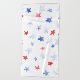 Red and Blue stars 4th of July watercolor design Beach Towel