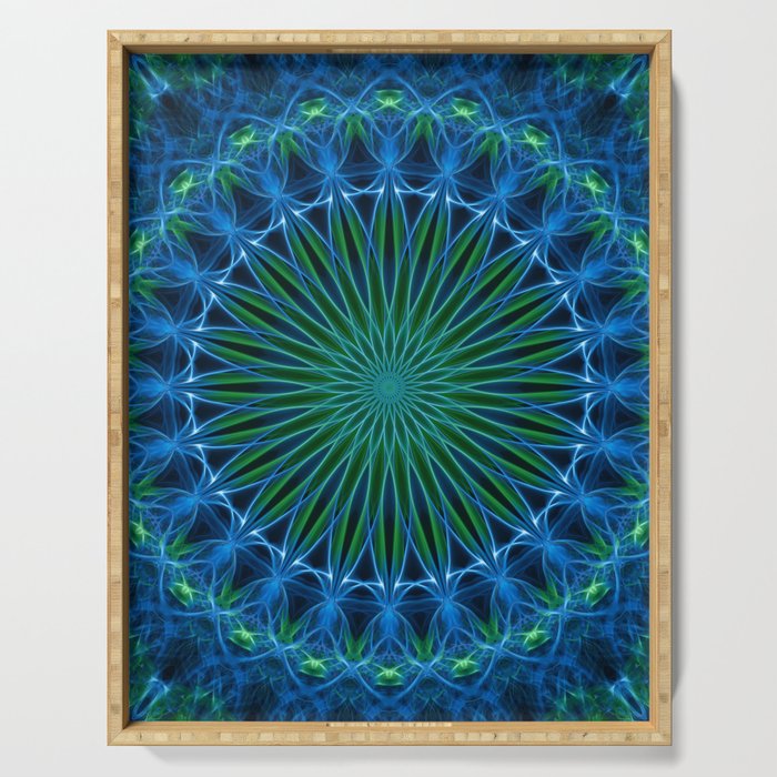 Mandala in neon blue and green tones Serving Tray