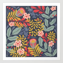 Folksy Jungle Flowers in Dusty Blue and Peach  Art Print