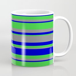 [ Thumbnail: Blue, Lime Green & Gray Colored Lined/Striped Pattern Coffee Mug ]