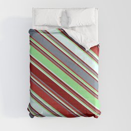 [ Thumbnail: Eyecatching Light Green, Light Cyan, Maroon, Slate Gray, and Red Colored Lines Pattern Comforter ]