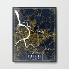 Taipei City Map of Taiwan - Gold Art Deco Metal Print