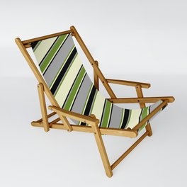 [ Thumbnail: Dark Grey, Green, Light Yellow, and Black Colored Lined Pattern Sling Chair ]