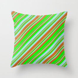 [ Thumbnail: Chocolate, Lime & Light Blue Colored Lined/Striped Pattern Throw Pillow ]