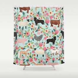 Farm animal sanctuary pig chicken cows horses sheep floral pattern gifts Shower Curtain