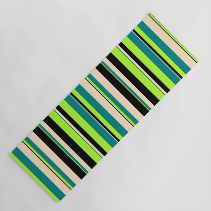 Light Green, Teal, Bisque & Black Colored Lined/Striped Pattern Yoga Mat