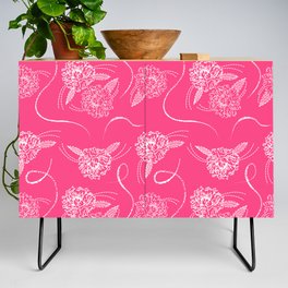 Seamless pattern with embroidered peonies on a pink background, retro floral embroidery  Credenza
