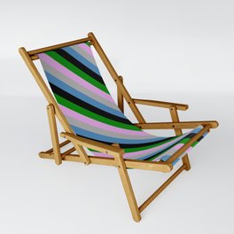 [ Thumbnail: Vibrant Plum, Dark Grey, Blue, Black & Green Colored Stripes Pattern Sling Chair ]