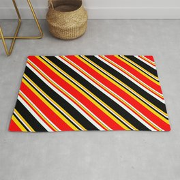 [ Thumbnail: Yellow, Red, Mint Cream, and Black Colored Pattern of Stripes Rug ]