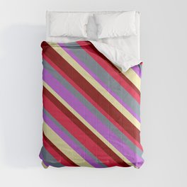 [ Thumbnail: Vibrant Orchid, Pale Goldenrod, Maroon, Crimson, and Slate Gray Colored Lines/Stripes Pattern Comforter ]
