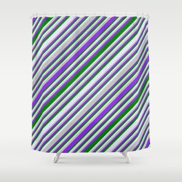 [ Thumbnail: Grey, Purple, Green & Lavender Colored Lines/Stripes Pattern Shower Curtain ]