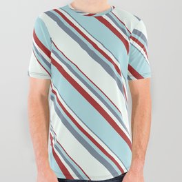 [ Thumbnail: Light Slate Gray, Mint Cream, Brown & Powder Blue Colored Lined/Striped Pattern All Over Graphic Tee ]