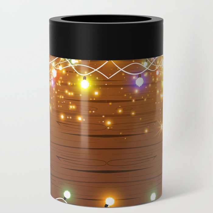 Christmas and New Year design: wooden background with Christmas lights of garland. Vintage illustration, Set of glowing christmas lights. Wooden background.  Can Cooler