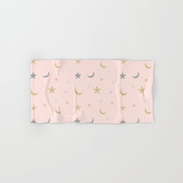 Gold and silver moon and star pattern on pink background Hand & Bath Towel