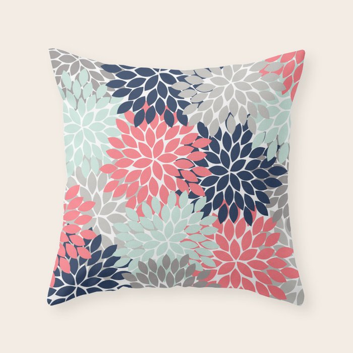 Flower Burst Petals Floral Pattern Navy Coral Mint Gray Throw