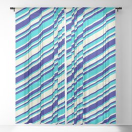 [ Thumbnail: Beige, Blue & Dark Turquoise Colored Striped/Lined Pattern Sheer Curtain ]