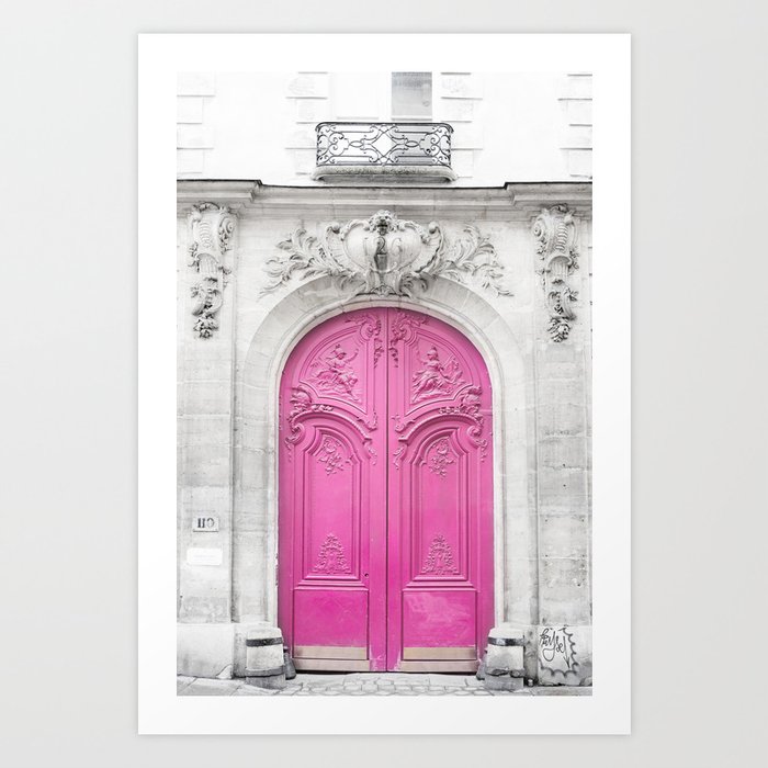 Pink Paris Door - Travel Photography, Building in Paris Art Print