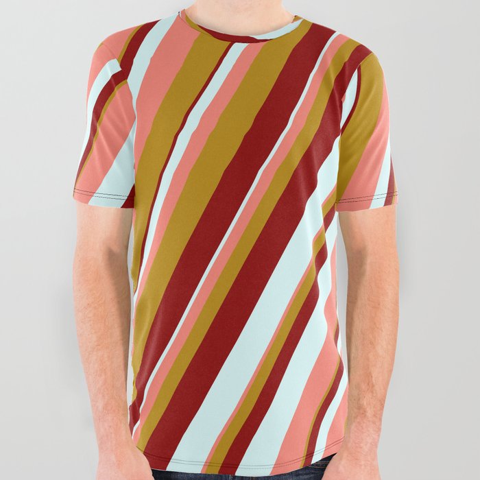 Dark Red, Light Cyan, Salmon, and Dark Goldenrod Colored Lined Pattern All Over Graphic Tee