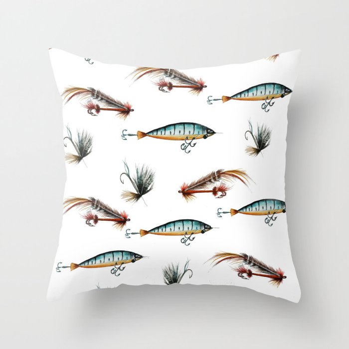 Vintage fishing lures -watercolor Throw Pillow by craftberrybush