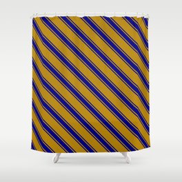 [ Thumbnail: Dark Goldenrod & Blue Colored Stripes Pattern Shower Curtain ]
