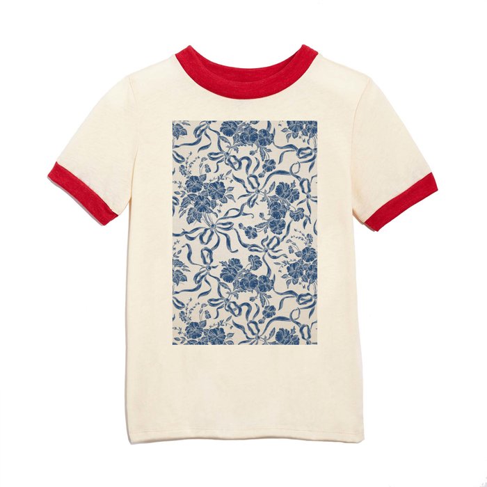 Chic Modern Vintage Ivory Navy Blue Floral Pattern Kids T Shirt