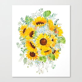 yellow sunflower blue hydrangea white orchid arrangement ink and watercolor  Canvas Print