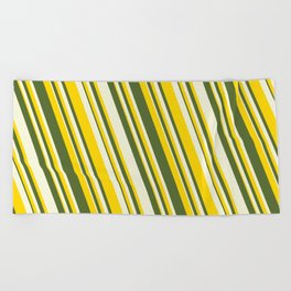 [ Thumbnail: Yellow, Dark Olive Green & Beige Colored Striped Pattern Beach Towel ]