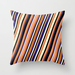 [ Thumbnail: Vibrant Light Salmon, Chocolate, Midnight Blue, Light Yellow, and Black Colored Stripes Pattern Throw Pillow ]