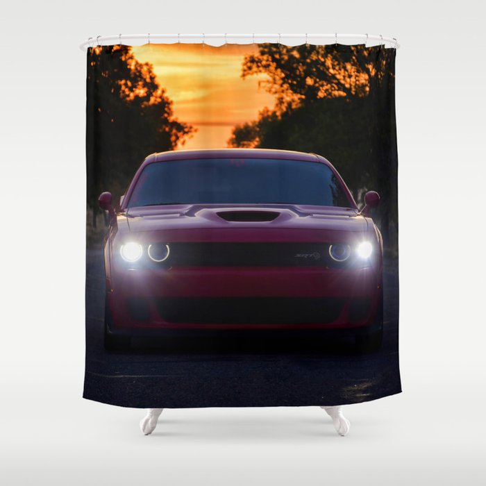 SRT Red Skies Torred Challenger Hellcat American Muscle classic car automobile transporation color photograph / photography vintage poster posters Shower Curtain